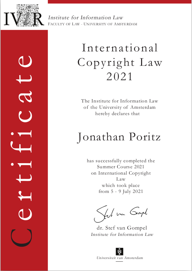 International Copyright Law 2021 Summer Course Certificate